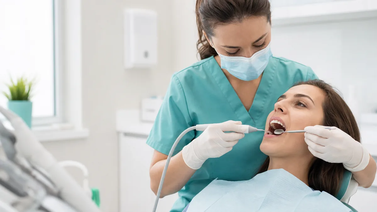 Profesional realizando una limpieza dental con instrumental odontológico