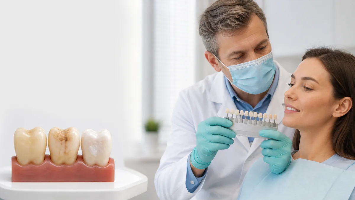 Odontóloga comparando tonos y diferentes tipos de manchas dentales