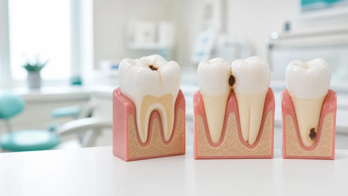 Ilustración odontológica de caries en fisuras, entre dientes y en la raíz